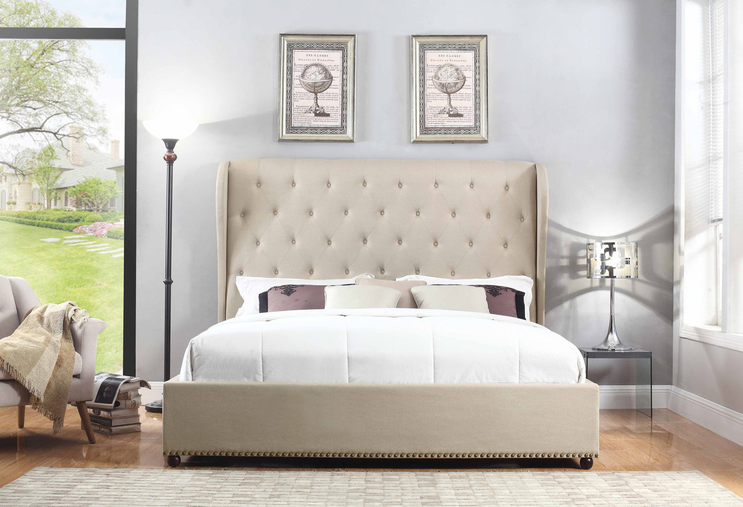 Paris Quality Linen Fabric Upholstered Wing Bed Frame with Detailing High Bedhead