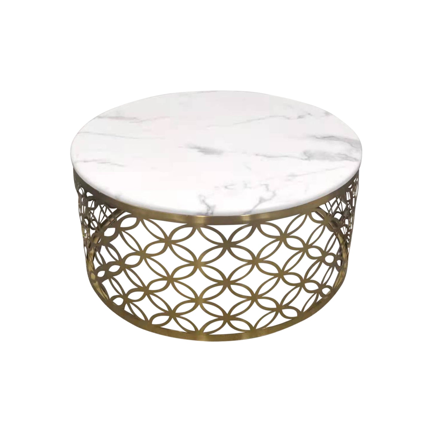 Coffee Table White Faux Marble Top Metal Manipulated Detail Design Round Shape Titanium Gold Stainless Troy