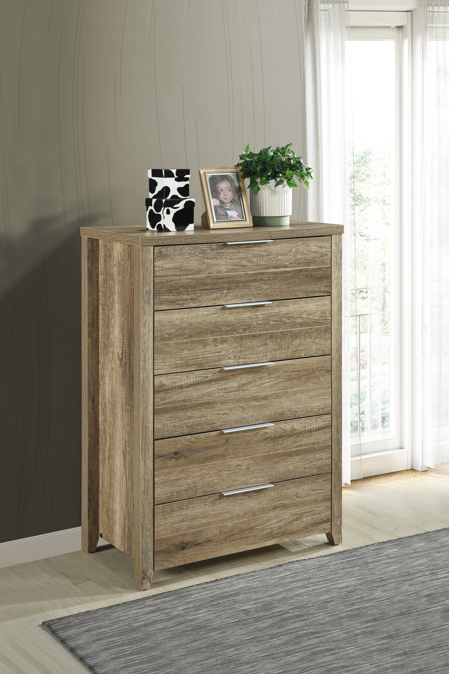 Cielo Natural Wood Like MDF 5 Drawers Tallboy in Multiple Colour