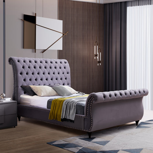 Elsa Sleigh Bedframe Velvet Tufted Deep Quilting Bed