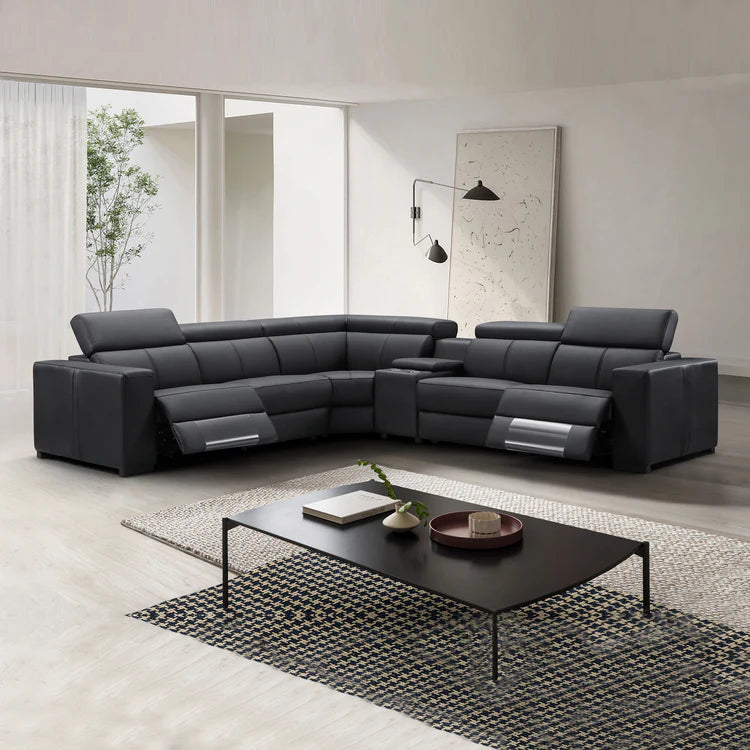 Washington Genuine Leather 6 Seater Corner Sofa with 2 Electric Recliners and Reversible Console