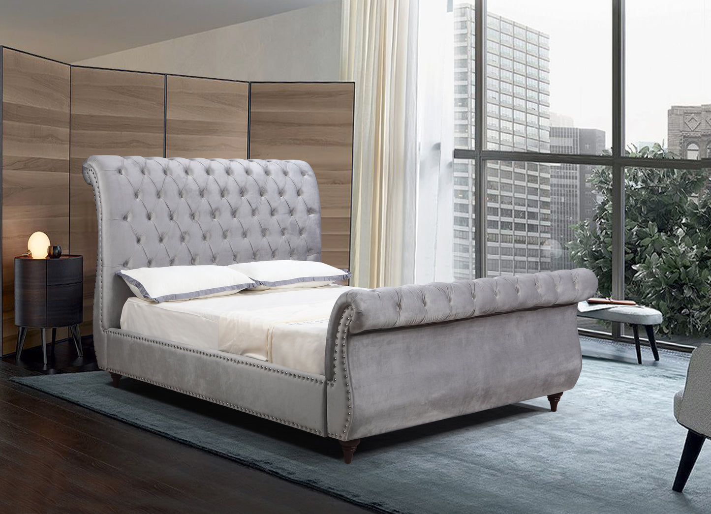 Elsa Sleigh Bedframe Velvet Tufted Deep Quilting Bed