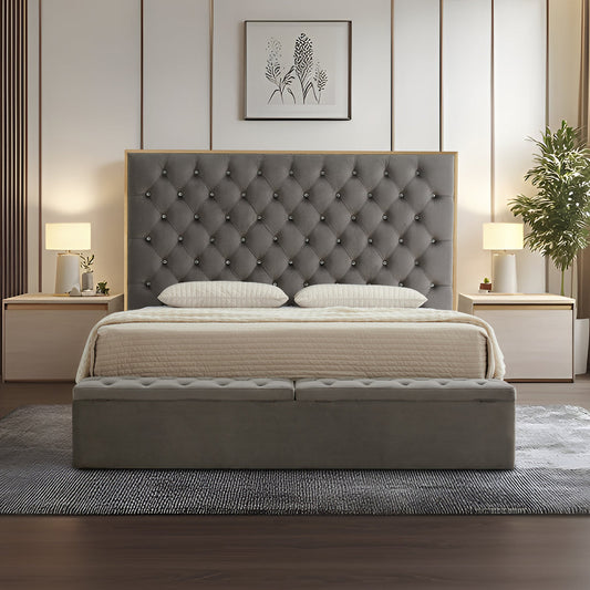 Helena Multiple Sizes Bed Frame Fabric Upholstery Tufted Headboard Slats Storage