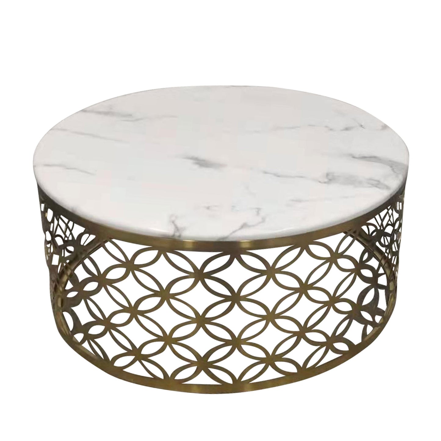Coffee Table White Faux Marble Top Metal Manipulated Detail Design Round Shape Titanium Gold Stainless Troy