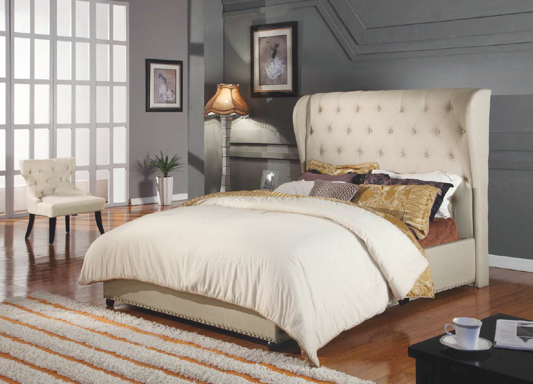 Paris Quality Linen Fabric Upholstered Wing Bed Frame with Detailing High Bedhead