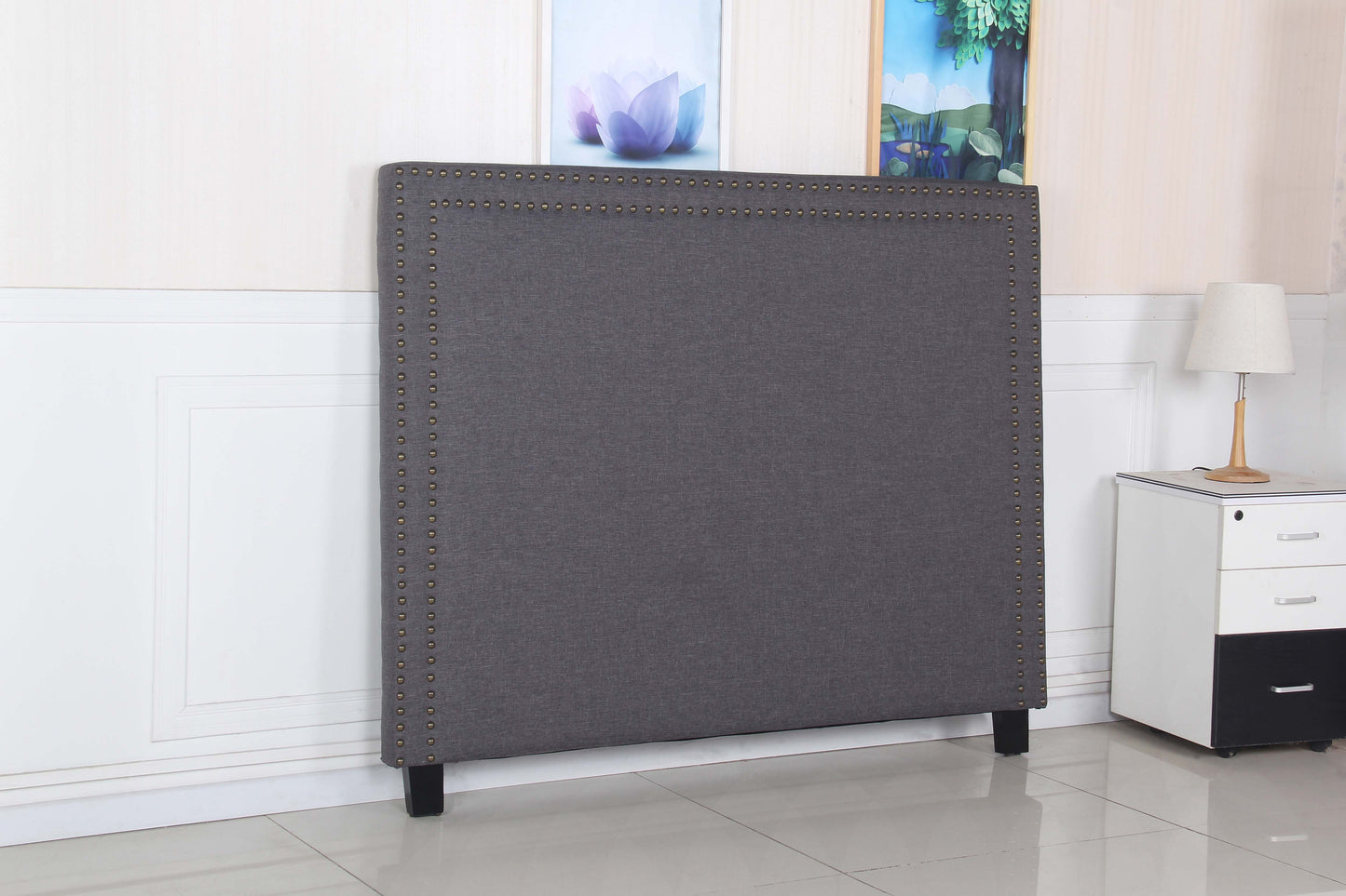 Enzo Multiple Colour Queen Headboard In Fine Linen Fabric Upholstery with Metal Studded Buttons