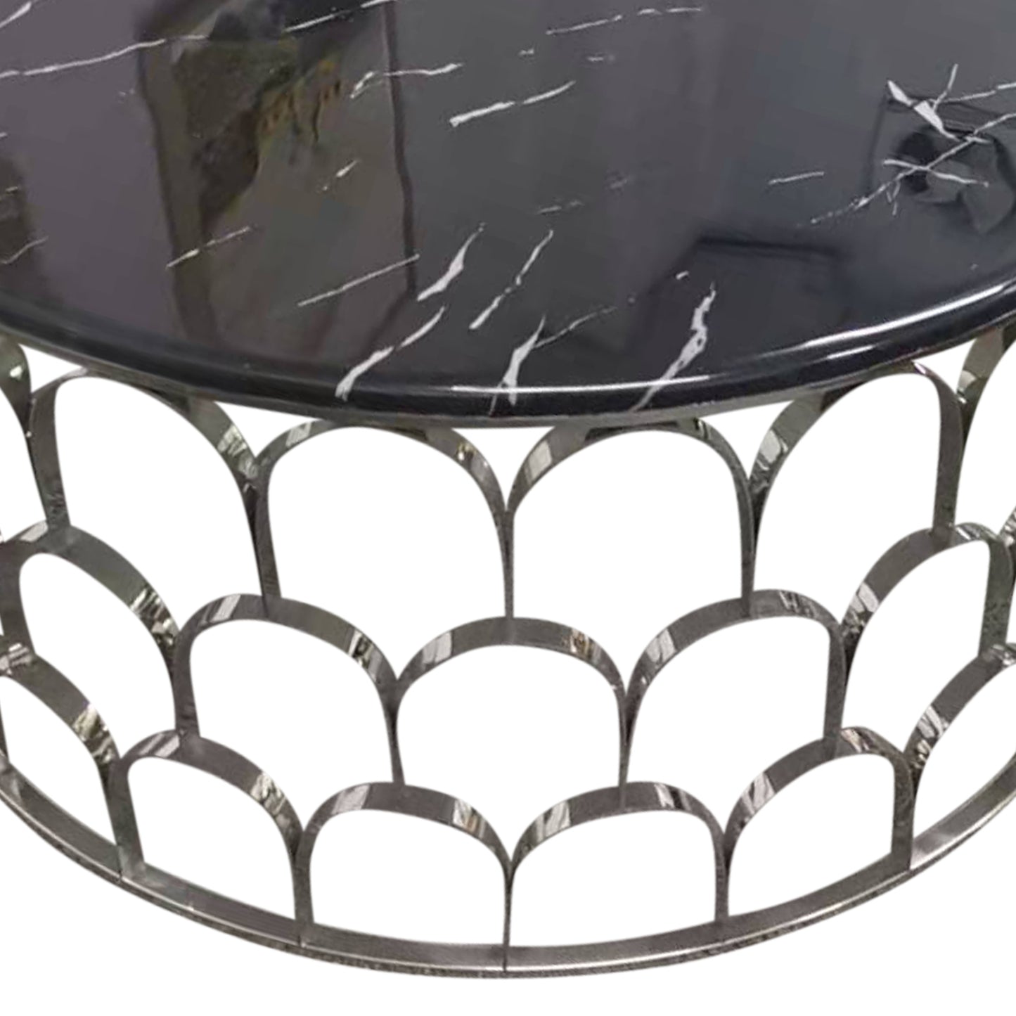 Falcon Round Faux Marble Stainless Silver Base Metal Frame Coffee Table