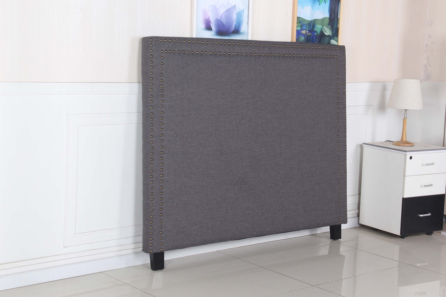 Enzo Multiple Colour Queen Headboard In Fine Linen Fabric Upholstery with Metal Studded Buttons