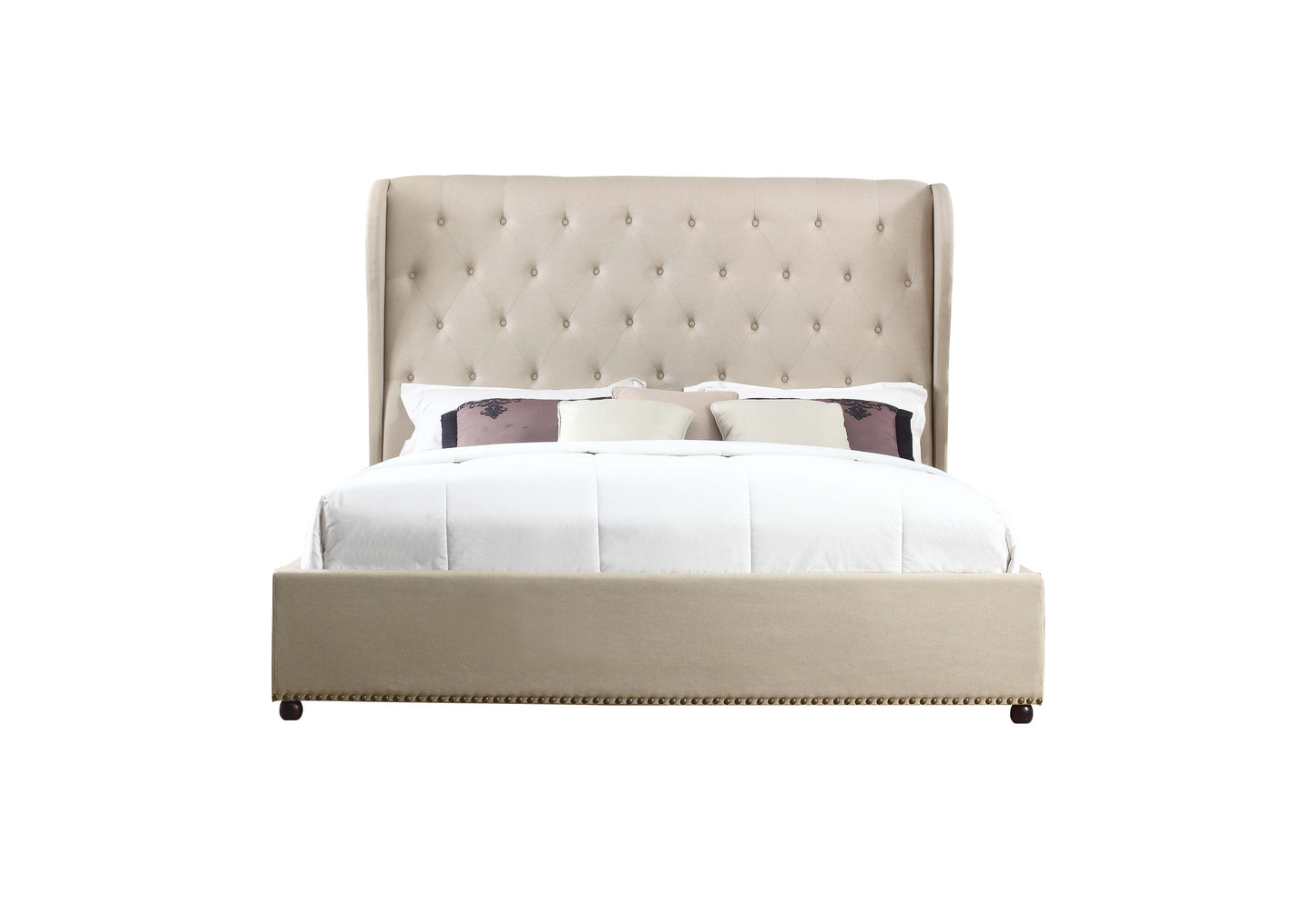 Paris Quality Linen Fabric Upholstered Wing Bed Frame with Detailing High Bedhead