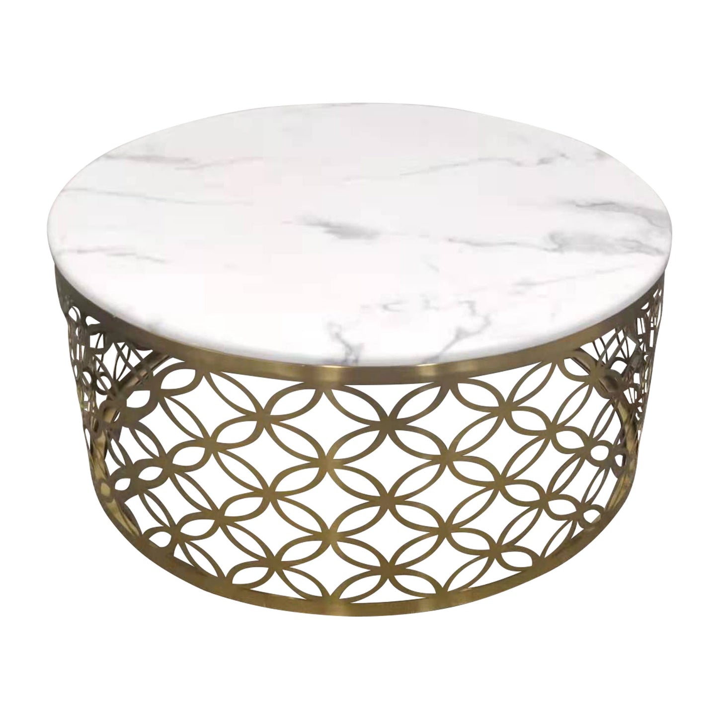 Coffee Table White Faux Marble Top Metal Manipulated Detail Design Round Shape Titanium Gold Stainless Troy