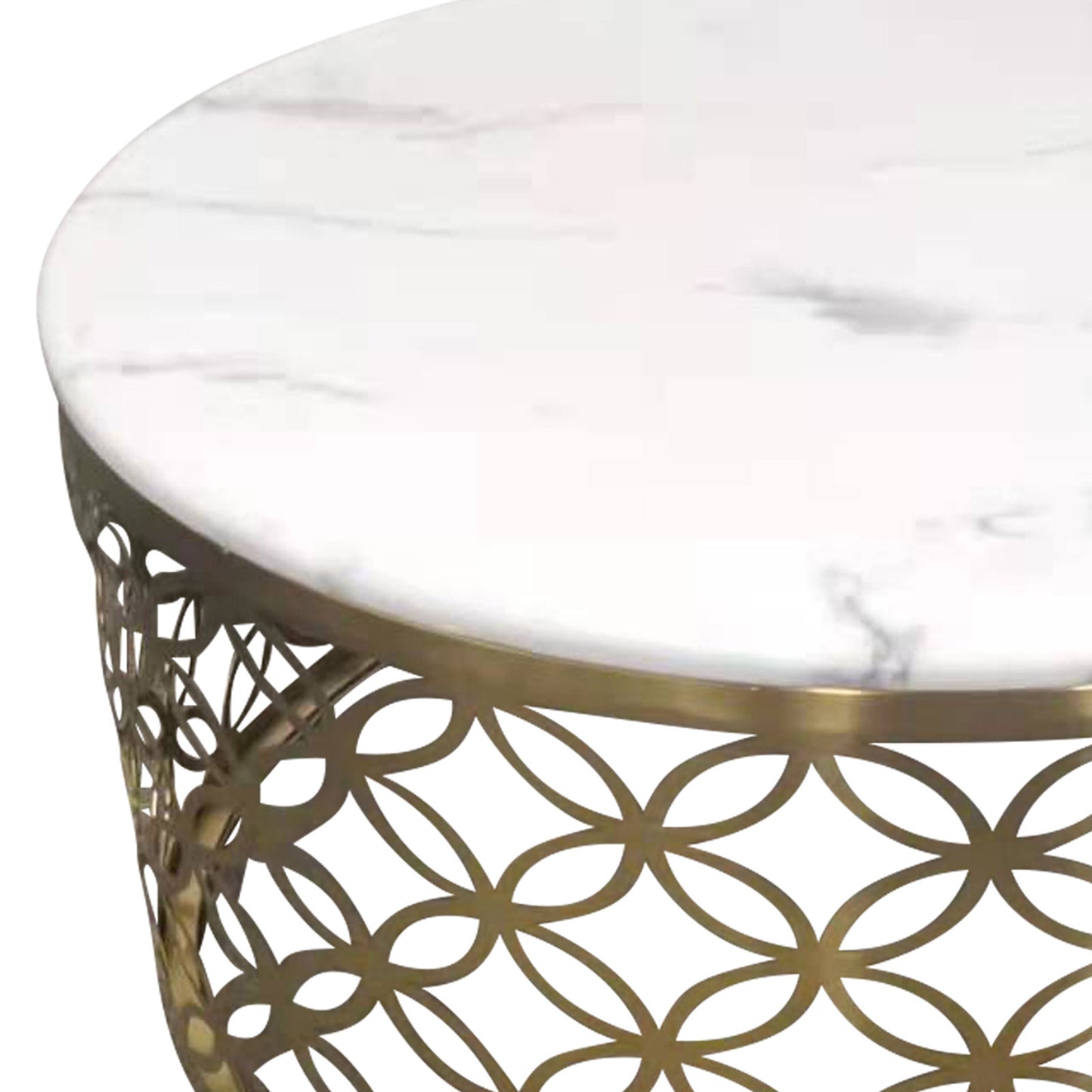 Coffee Table White Faux Marble Top Metal Manipulated Detail Design Round Shape Titanium Gold Stainless Troy