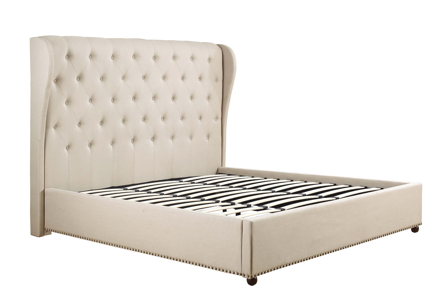 Paris Quality Linen Fabric Upholstered Wing Bed Frame with Detailing High Bedhead