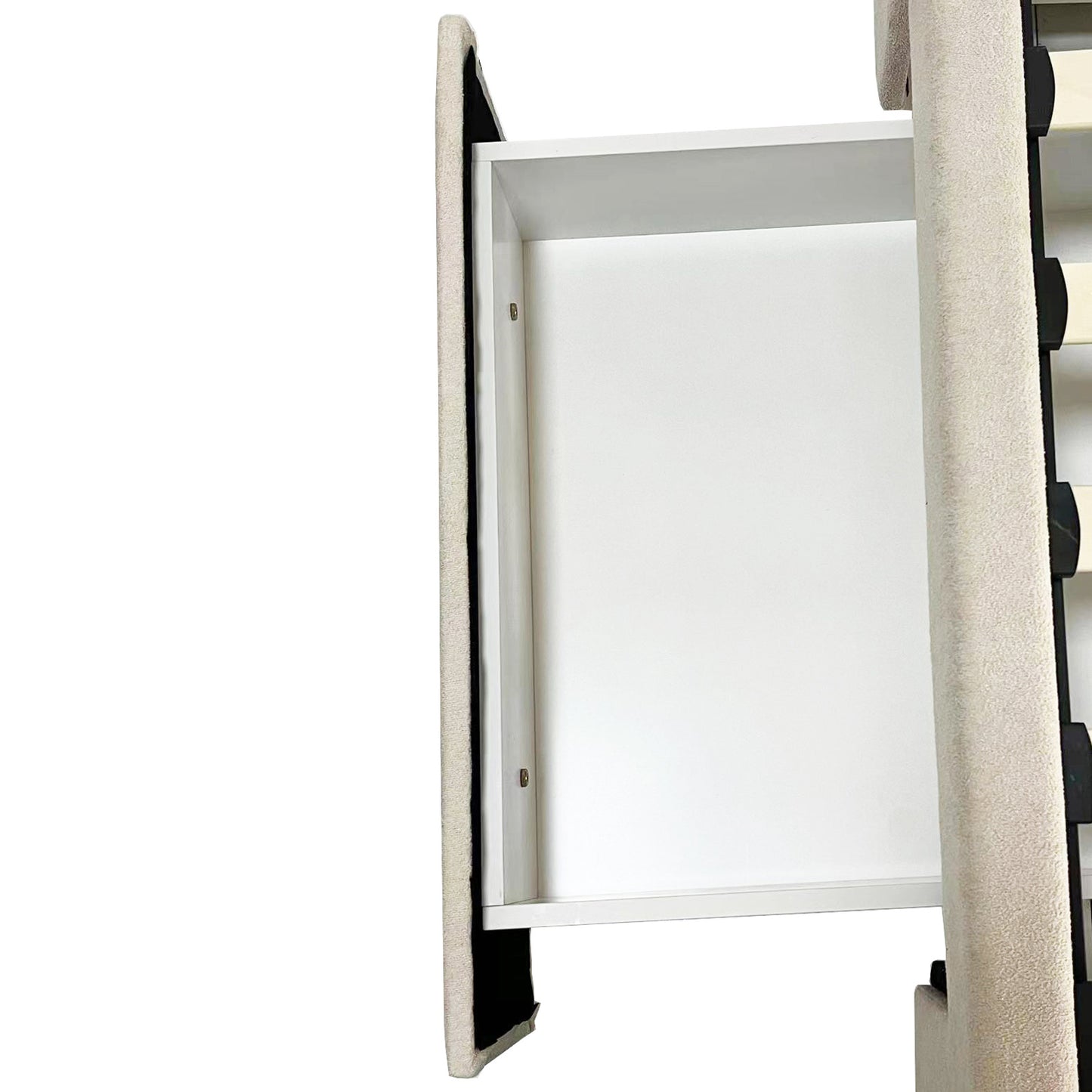 Alexa Beige Linen Fabric Headboard 4 Drawers with Wheels MDF Bed Frame