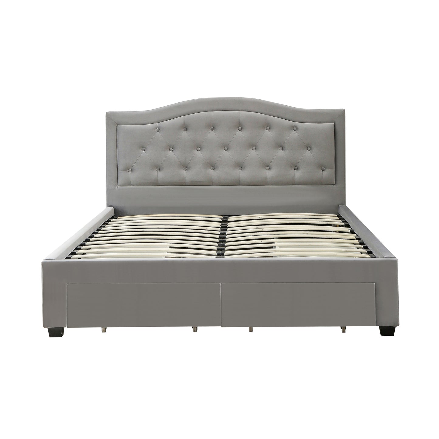 Emily Grey Velvet Padded Upholstery High Quality Slats MDF Drawers with Wheels Queen Bed Frame