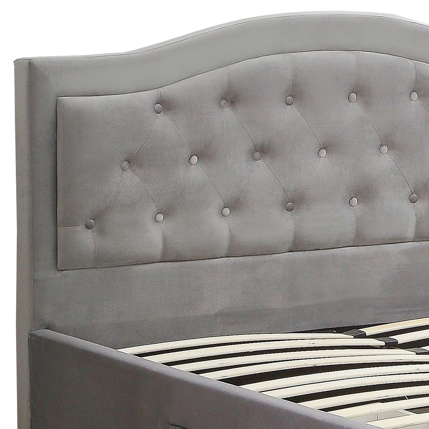 Emily Grey Velvet Padded Upholstery High Quality Slats MDF Drawers with Wheels Queen Bed Frame