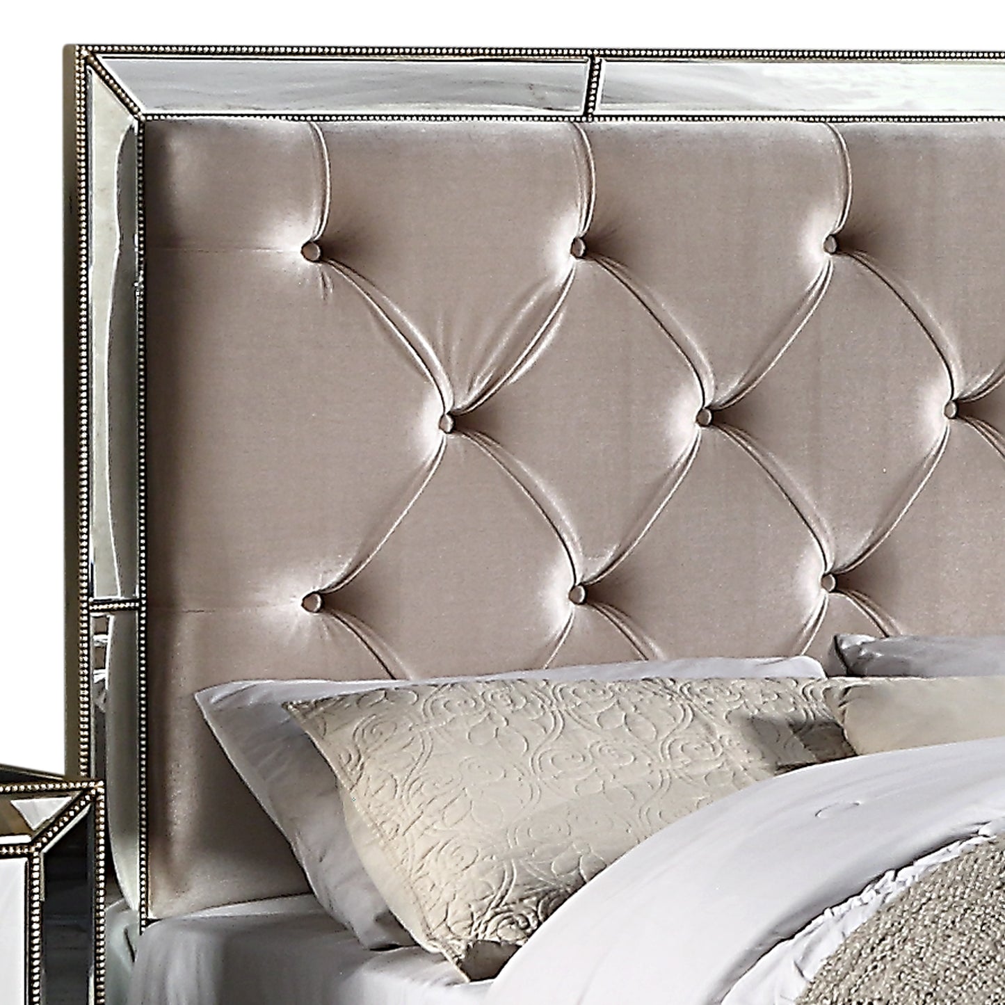 Germany Bedframe Velvet Upholstery Tufted Headboard Mirrored Work Deep Quilting in Beige/Black Colour