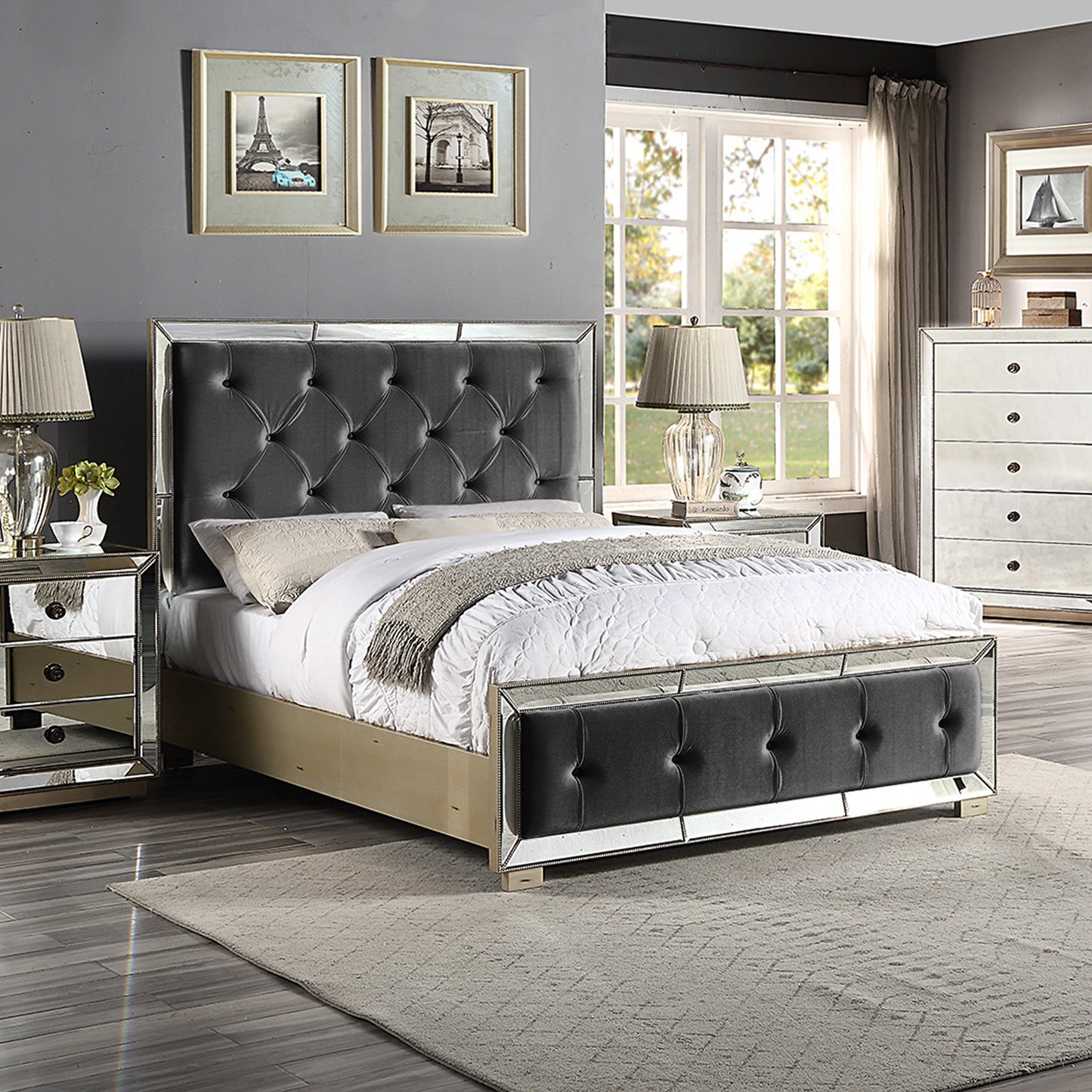 Germany Bedframe Velvet Upholstery Tufted Headboard Mirrored Work Deep Quilting in Beige/Black Colour