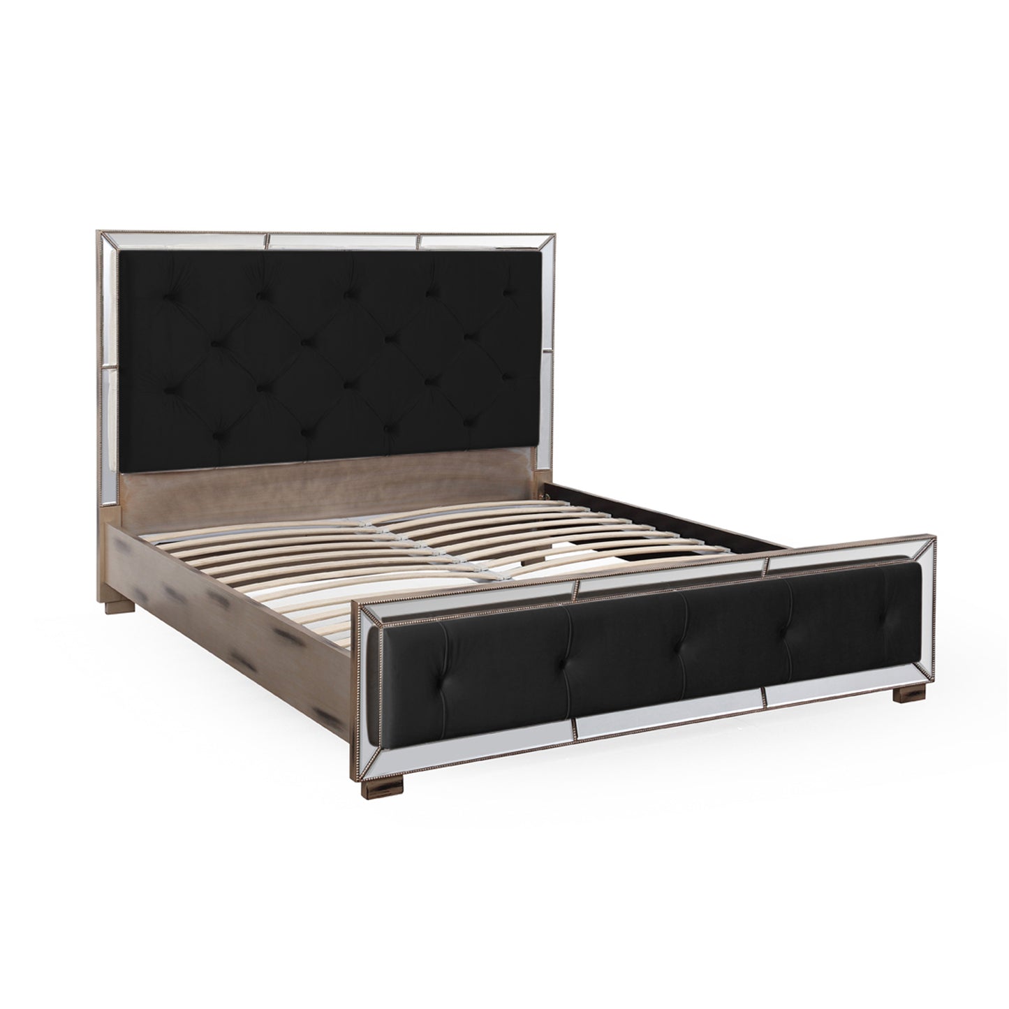 Germany Bedframe Velvet Upholstery Tufted Headboard Mirrored Work Deep Quilting in Beige/Black Colour