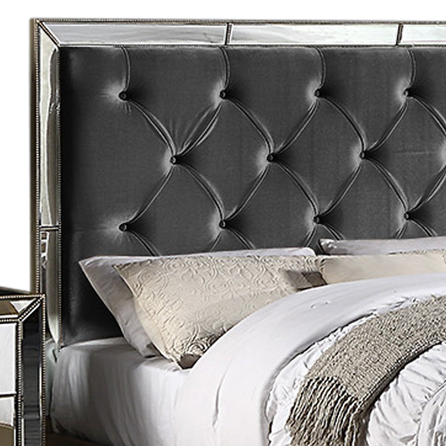 Germany Bedframe Velvet Upholstery Tufted Headboard Mirrored Work Deep Quilting in Beige/Black Colour
