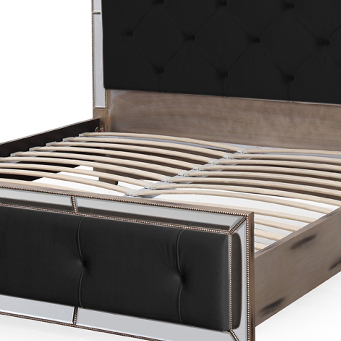 Germany Bedframe Velvet Upholstery Tufted Headboard Mirrored Work Deep Quilting in Beige/Black Colour