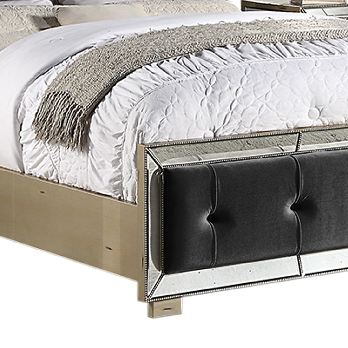 Germany Bedframe Velvet Upholstery Tufted Headboard Mirrored Work Deep Quilting in Beige/Black Colour