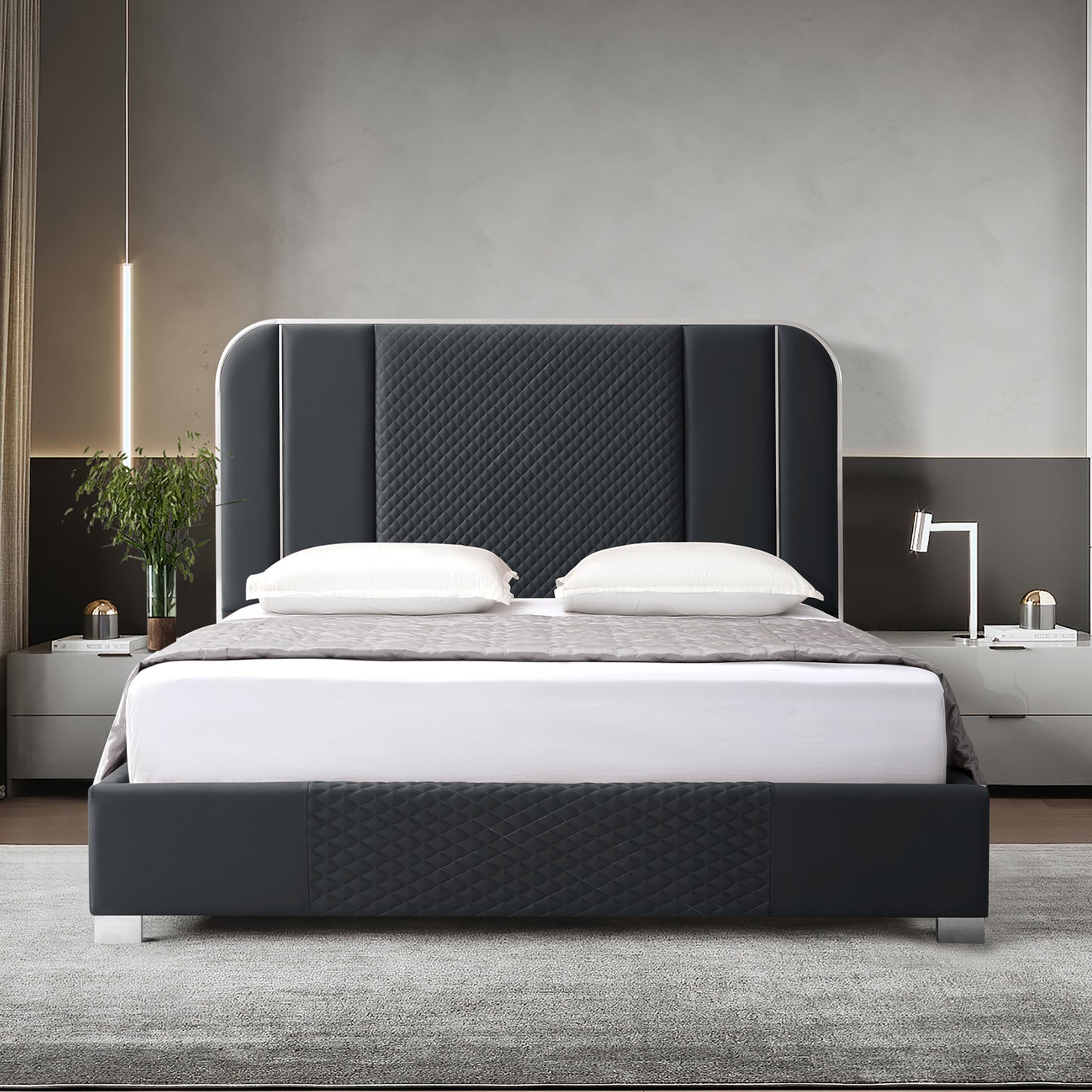 Halcyon Air Leather Bed Frame with HQ Slats, Padded Upholstery & Polished Stainless Steel Feet