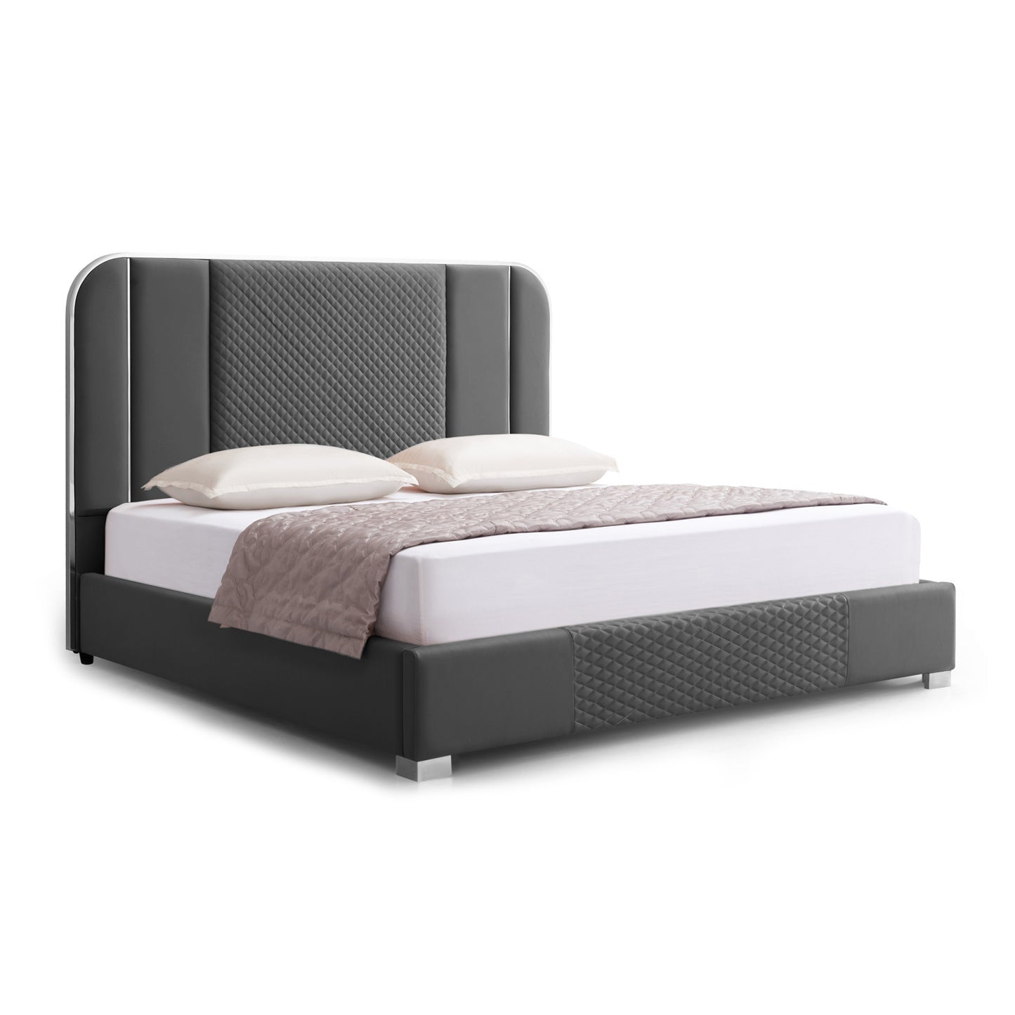 Halcyon Air Leather Bed Frame with HQ Slats, Padded Upholstery & Polished Stainless Steel Feet