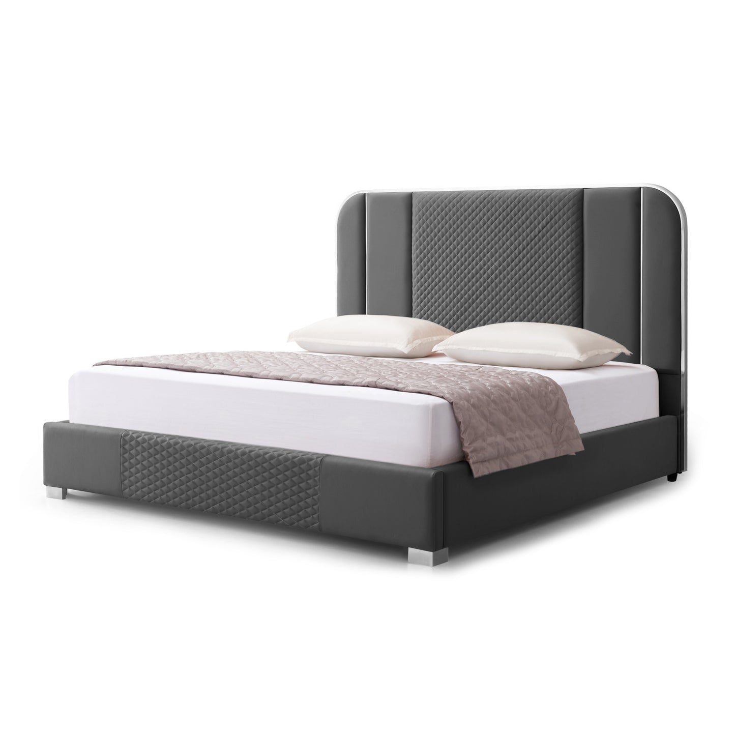 Halcyon Air Leather Bed Frame with HQ Slats, Padded Upholstery & Polished Stainless Steel Feet