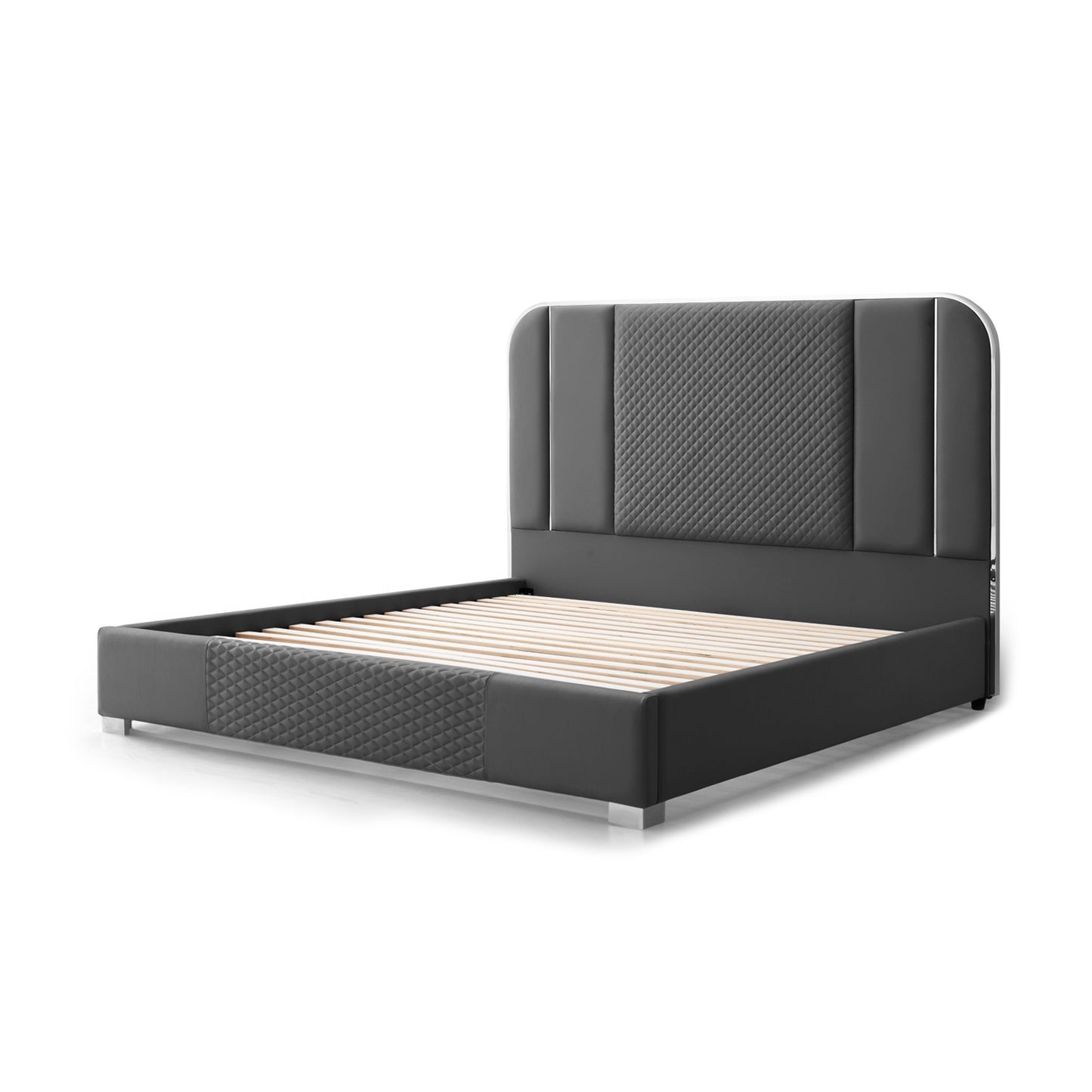 Halcyon Air Leather Bed Frame with HQ Slats, Padded Upholstery & Polished Stainless Steel Feet