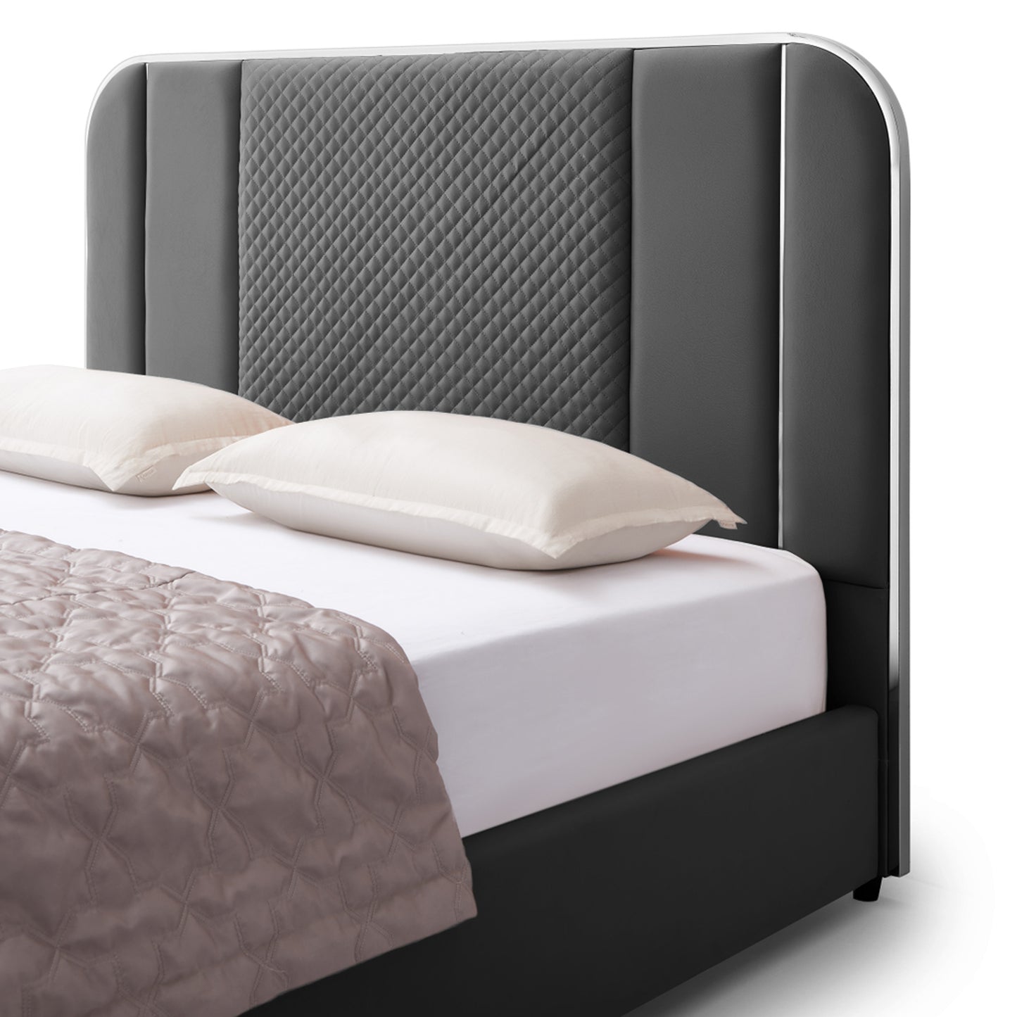Halcyon Air Leather Bed Frame with HQ Slats, Padded Upholstery & Polished Stainless Steel Feet