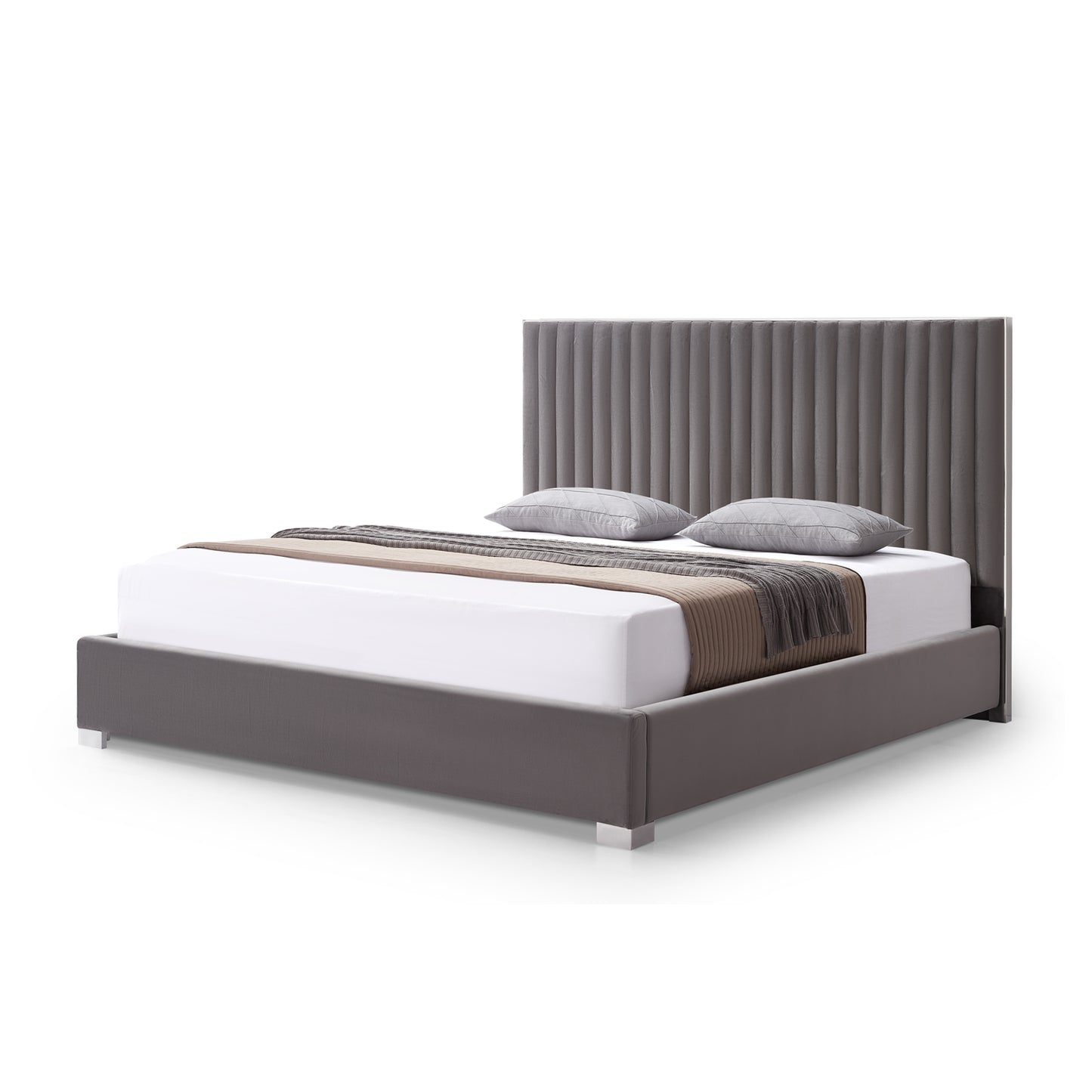 Hillsdale Bed Frame Velvet Fabric Padded Upholstery High Quality Slats Polished Stainless Steel Feet