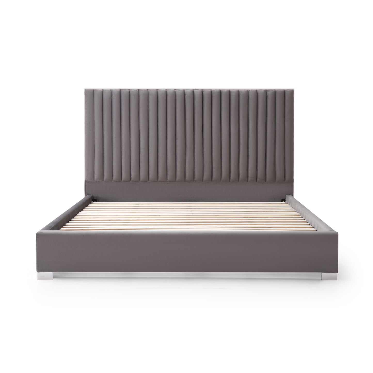 Hillsdale Bed Frame Velvet Fabric Padded Upholstery High Quality Slats Polished Stainless Steel Feet