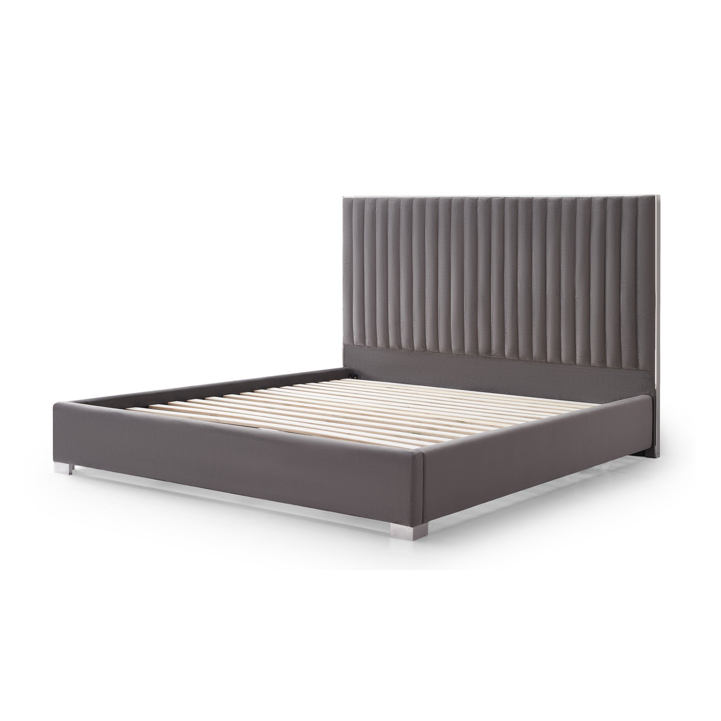 Hillsdale Bed Frame Velvet Fabric Padded Upholstery High Quality Slats Polished Stainless Steel Feet