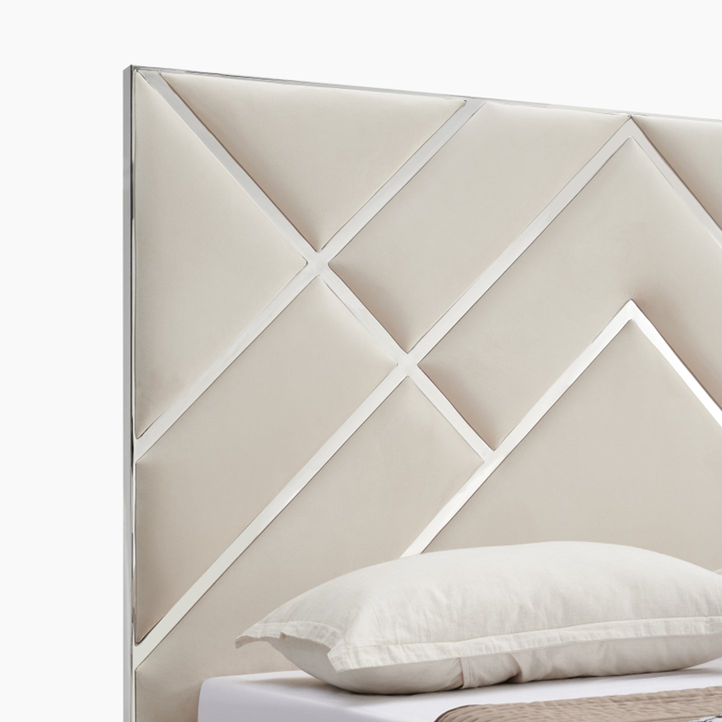 Matrix Bed Frame Fabric Padded Upholstery High Quality Slats Polished Stainless Steel Feet