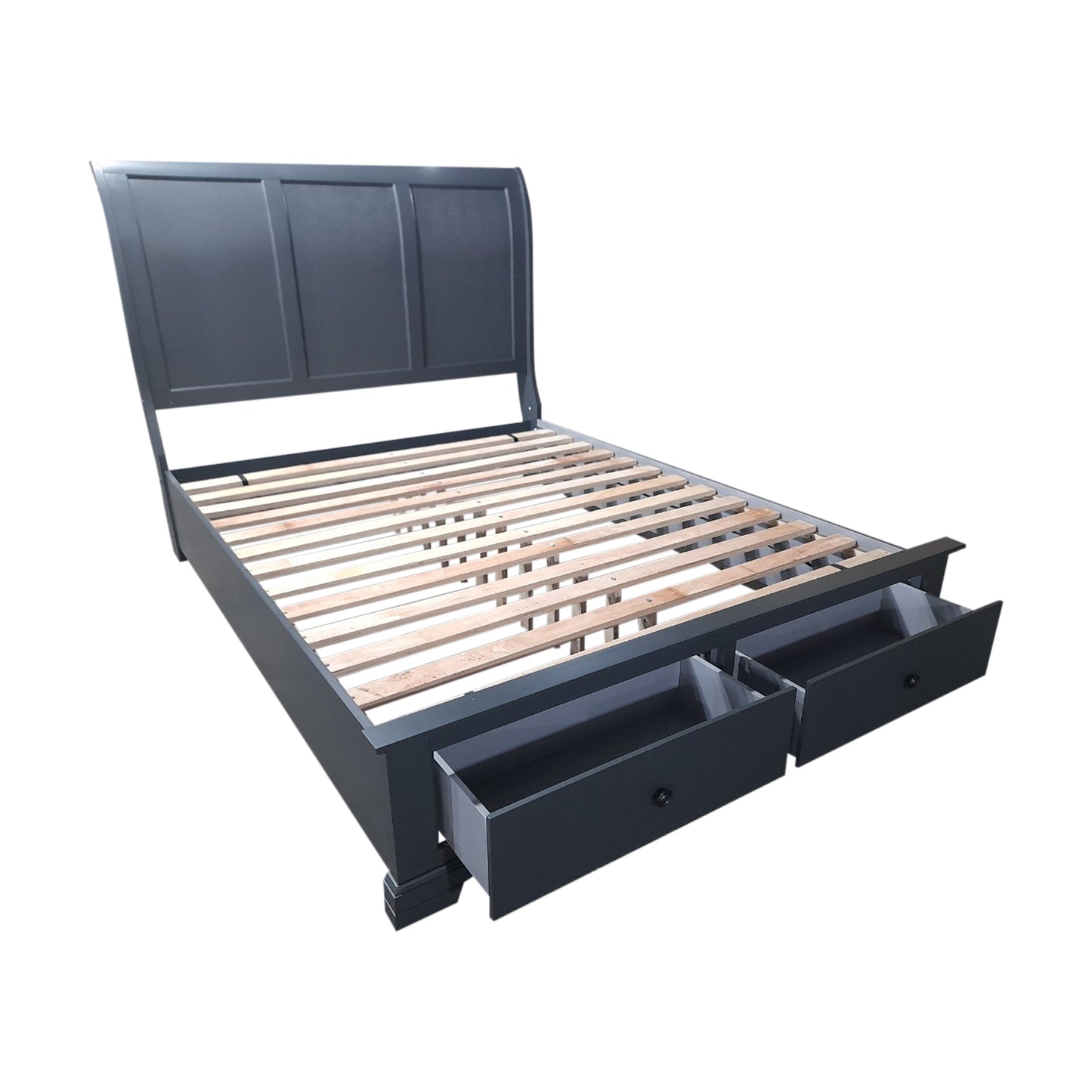 Marco Bed Sleigh Medium High Headboard Bed Frame in Solid Wood MDF Plywood Storage in Grey Colour