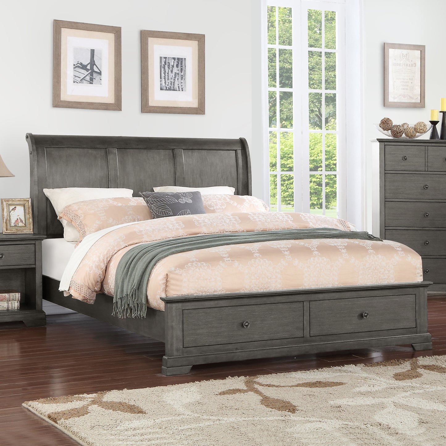 Marco Bed Sleigh Medium High Headboard Bed Frame in Solid Wood MDF Plywood Storage in Grey Colour