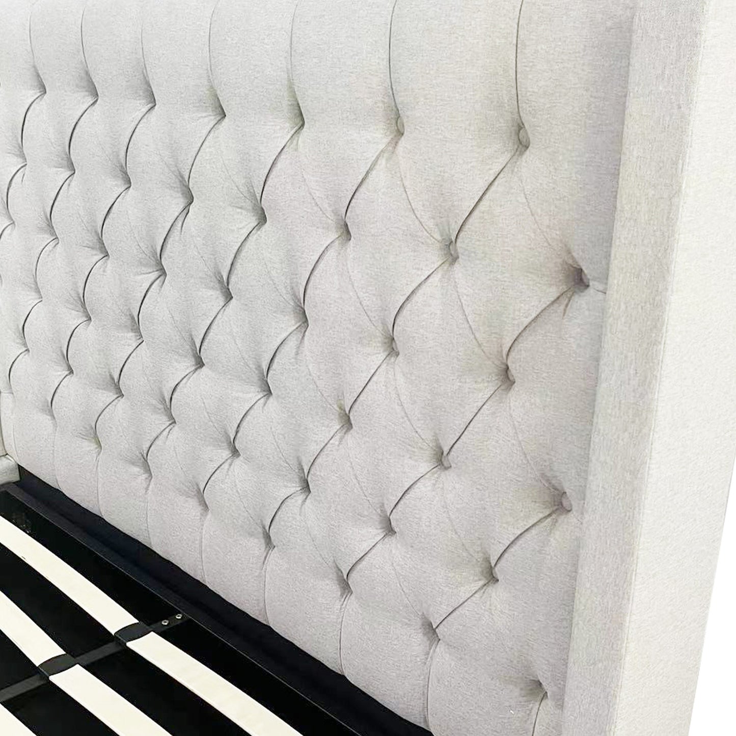 Veronica Winged Grey Linen Fabric Seam Grid Pattern Gas Lift Metal Bed Frame in Multiple Sizes