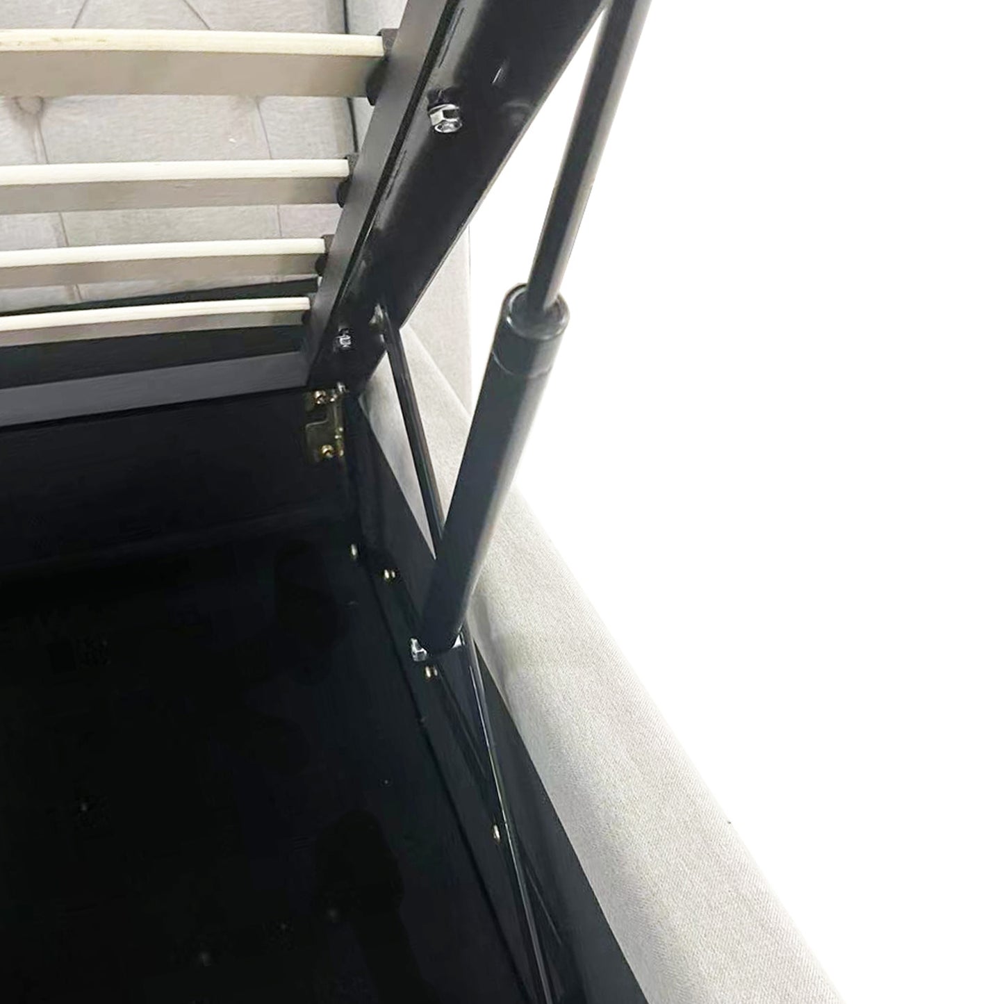 Veronica Winged Grey Linen Fabric Seam Grid Pattern Gas Lift Metal Bed Frame in Multiple Sizes