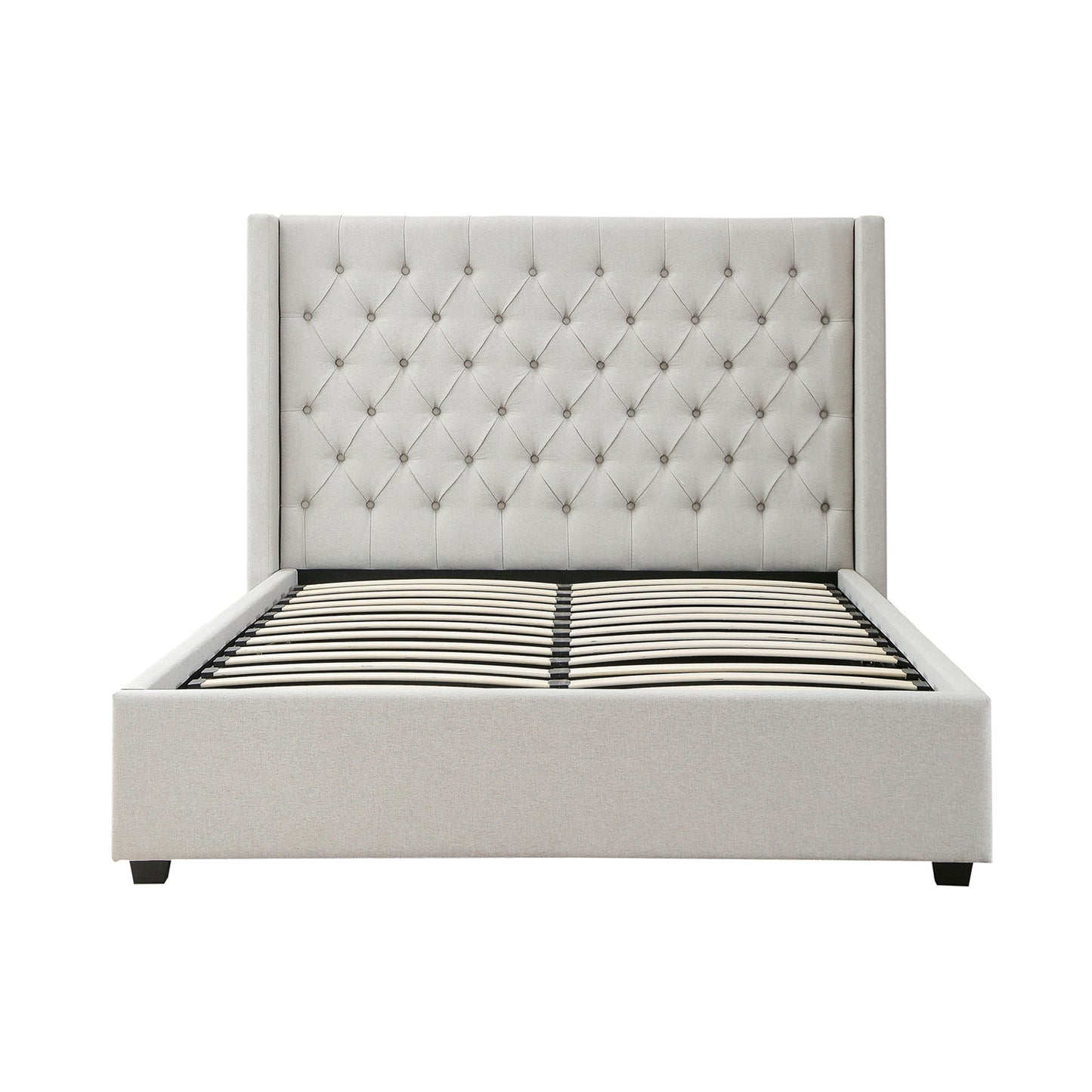 Veronica Winged Grey Linen Fabric Seam Grid Pattern Gas Lift Metal Bed Frame in Multiple Sizes