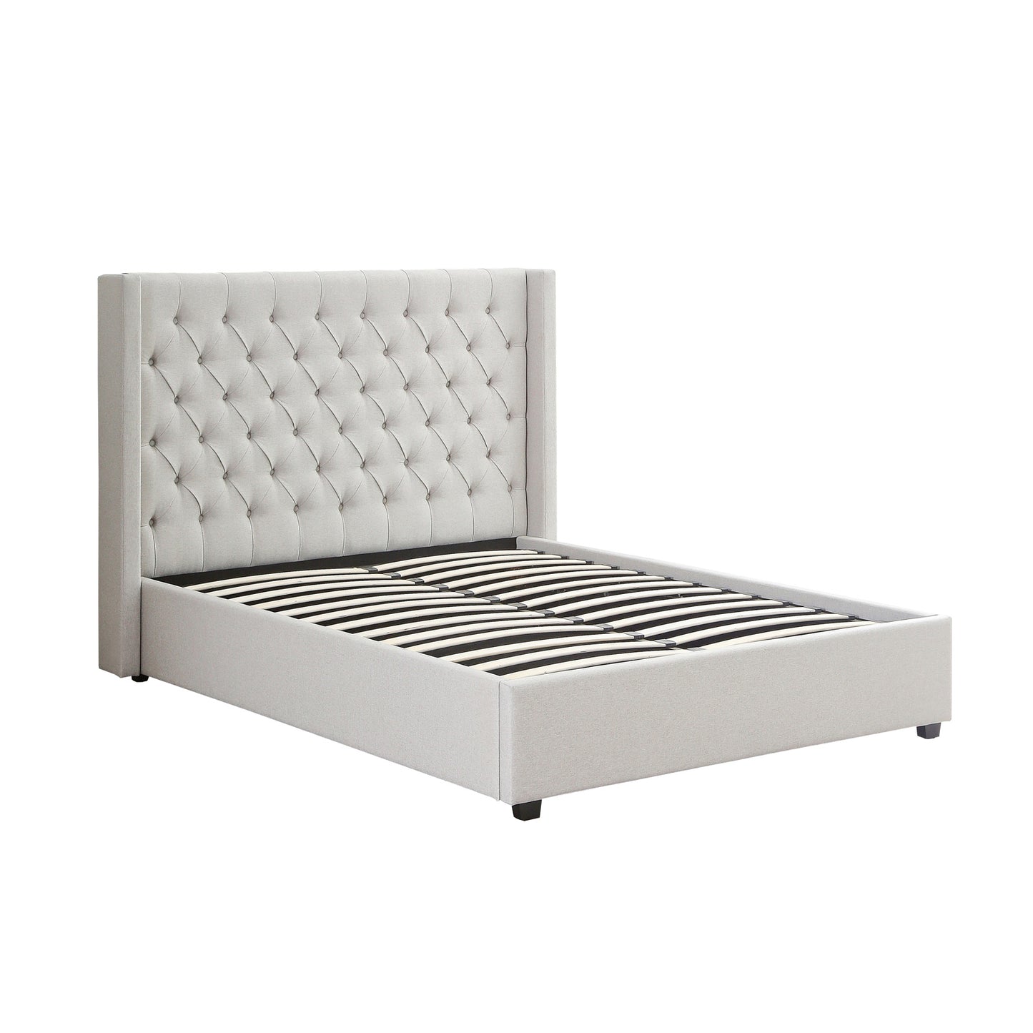Veronica Winged Grey Linen Fabric Seam Grid Pattern Gas Lift Metal Bed Frame in Multiple Sizes
