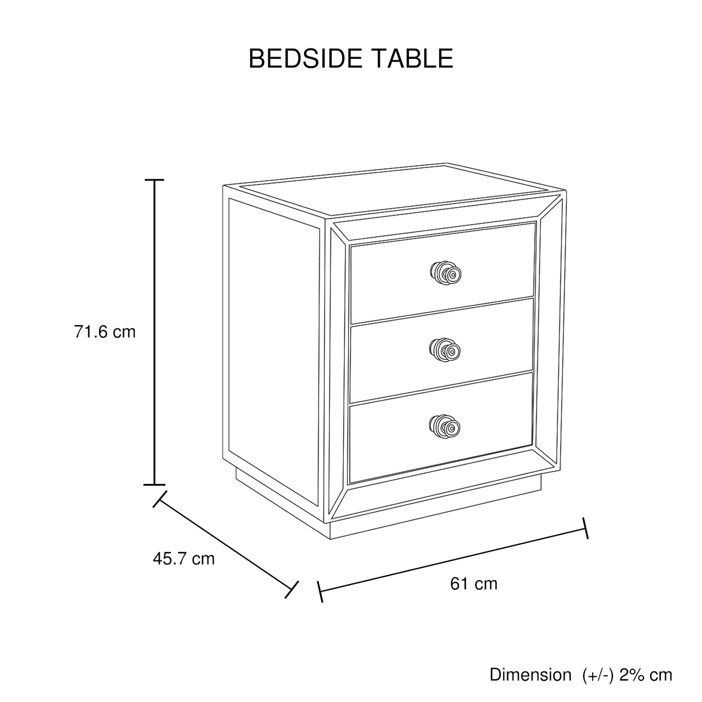 Germany Bedside Table MDF Antique Gold Colour Mirrored Work 3 Drawers