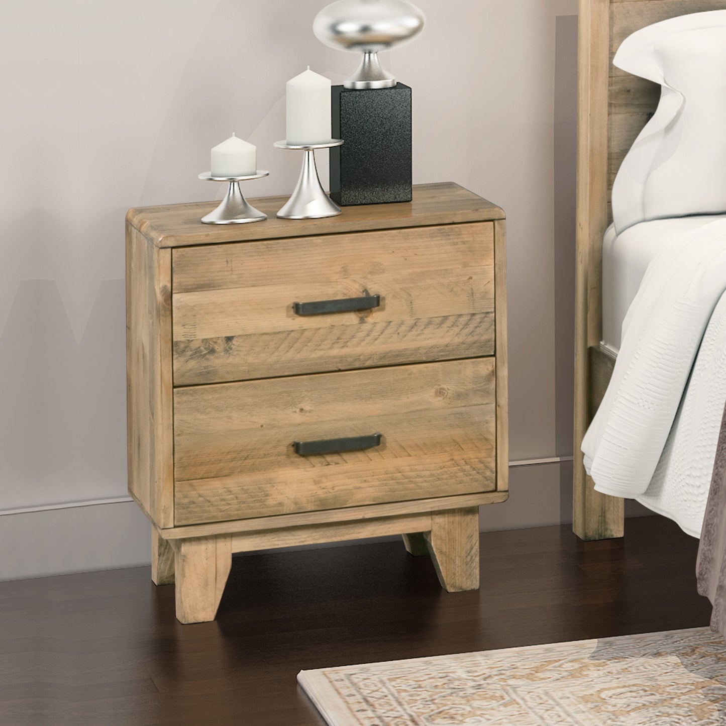 Woodland Solid Timber 2 Drawers Bedside Table in Rustic Texture
