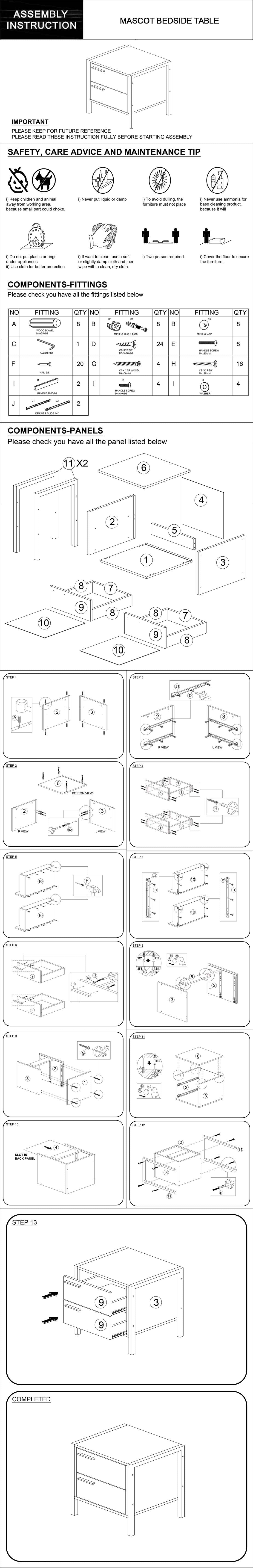 Mascot 2 Drawers Particle Board Bedside Table Night Stand In Oak Colour
