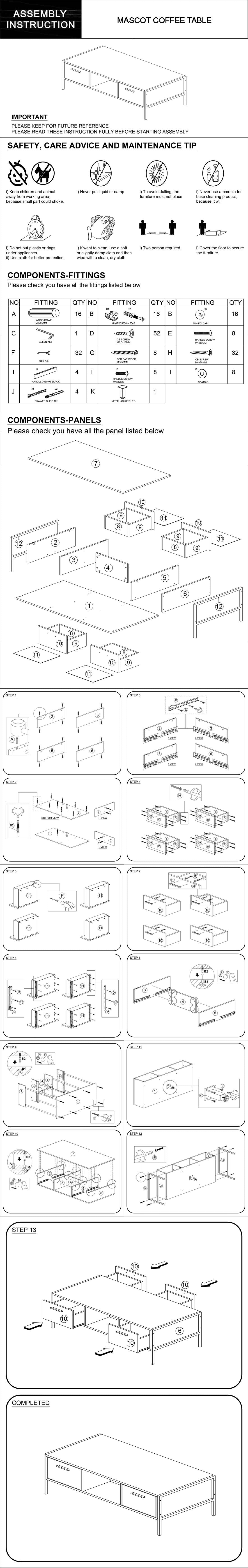 Mascot Coffee Table with 2 Drawers Storage in Oak Colour
