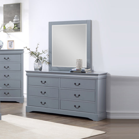 Spencer Solid Wooden Grey Colour 6 Drawers Dresser with Mirror Metal Handles