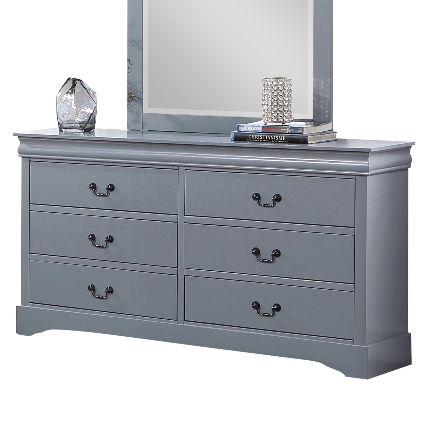 Spencer Solid Wooden Grey Colour 6 Drawers Dresser with Mirror Metal Handles