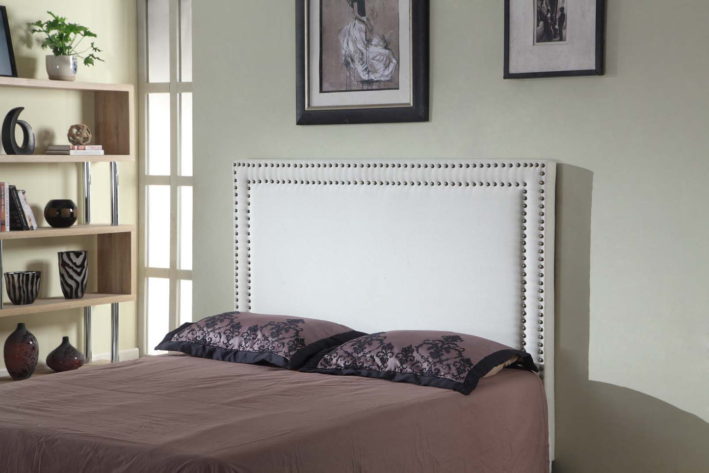 Enzo Multiple Colour Queen Headboard In Fine Linen Fabric Upholstery with Metal Studded Buttons