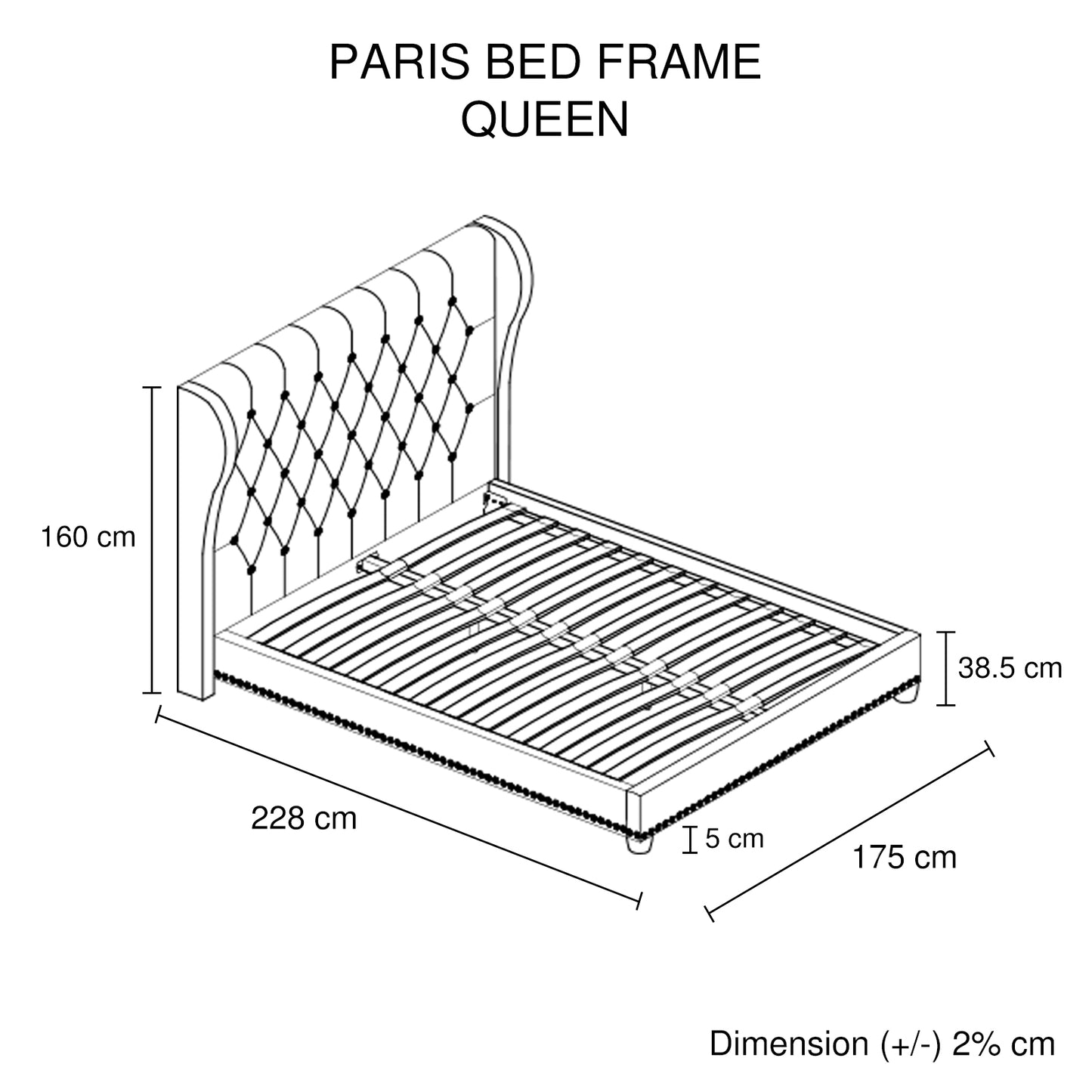 Paris Quality Linen Fabric Upholstered Wing Bed Frame with Detailing High Bedhead