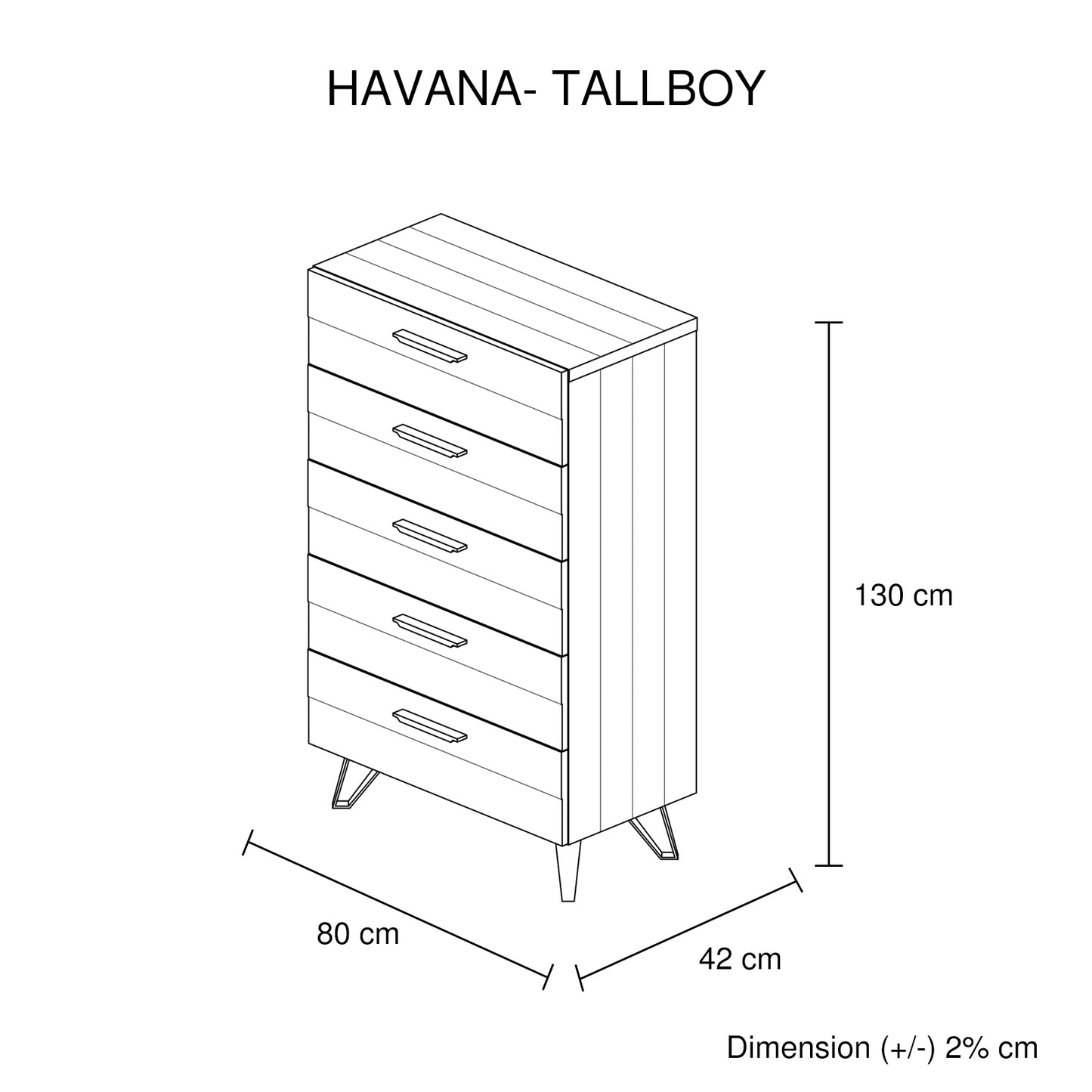 Havana 5 Drawers Tallboy In Solid Acacia Construction with Natural Wood Colour