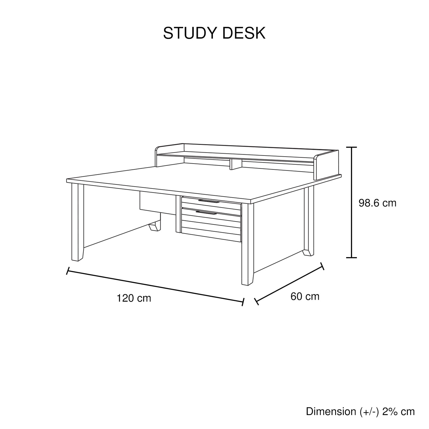 Cielo 2 Drawers Natural Wood Like MDF Study Desk with Pole Legs